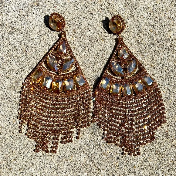 Huge gold sparkle rhinestone fancy large drop earrings - Picture 7 of 8